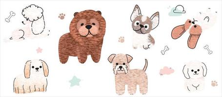 Cute dogs vector set. Cartoon dog or puppy characters design collection with flat color in different poses. Set of funny pet animals isolated on white background.