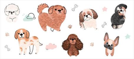 Cute dogs vector set. Cartoon dog or puppy characters design collection with flat color in different poses. Set of funny pet animals isolated on white background.