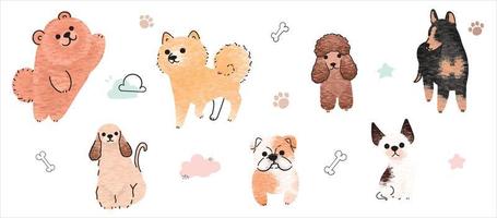 Cute dogs vector set. Cartoon dog or puppy characters design collection with flat color in different poses. Set of funny pet animals isolated on white background.