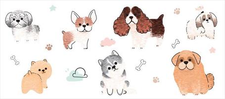 Cute dogs vector set. Cartoon dog or puppy characters design collection with flat color in different poses. Set of funny pet animals isolated on white background.