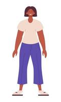Happy woman stand full body. Portrait of a beautiful girl in a beige t-shirt and purple pants who accepts herself and loves her body. Bodypositive and feminism concept. Ready for animation. vector