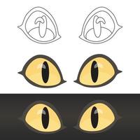 Cartoon vector yellow eyes of cat, snake, crocodile, lizard or gecko. Glow eyes on black and white background and sketch for coloring, isolated.