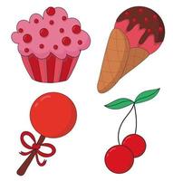 Collection desserts. Pink cupcake with sprinkles. Cherry on a branch, leaves. Ice cream in cone with chocolate. Red lollipop with ribbon. vector