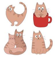 Cute cats collection. Kittens set for greeting card or poster. Cat think, kitten in cup, cats love. Vector concept illustration.