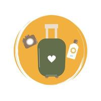 Cute logo or icon vector with travel suitcase on wheels with telescopic handle, camera and sunscreen on circle with brush texture, for social media story and highlights