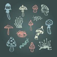 Collection of groove mushroom psychedelic elements. Retro design of hipster icons. Doodle style graphic. Vintage trippy 60 70 80 90 trendy vector illustration Color symbols on chalkboard background