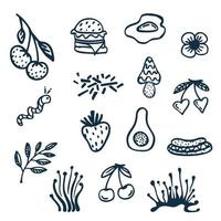 Collection of groove psychedelic food elements. Retro design of hipster icons. Doodle style graphic. Vintage trippy cartoon. 60 70 80 90 trend vector illustration Black symbols on white background