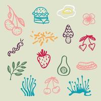 Collection of groove psychedelic food elements. Retro design of hipster icons. Doodle style graphic. Vintage trippy cartoon. 60 70 80 90 trend vector illustration Color symbols on white background