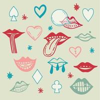 Collection of groove psychedelic mouth elements. Retro design of hipster icons. Doodle style graphic. Vintage trippy cartoon. 60 70 80 90 trend vector illustration Color symbols on white background