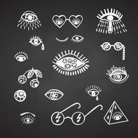 Collection of groove psychedelic eye elements. Retro design of hipster icons. Doodle style graphic. Vintage trippy. 60 70 80 90 trends vector illustration White symbols on chalkboard background