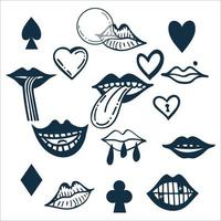 Collection stickers of groove psychedelic mouth elements Retro design icons. Doodle style graphic. Vintage trippy cartoon 60 70 80 90 trendy vector illustration Black symbols on white background