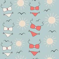 cute cartoon abstract red and white bikini seamless vector pattern background illustration with sun and birds silhouette