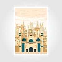 mezquita vector póster. medio oriental paisaje urbano mezquita, torres, puertas, mosaicos