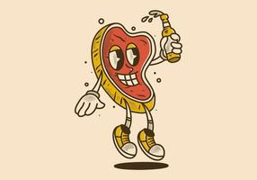 Mascot character of meat holding a beer bottle with happy face vector