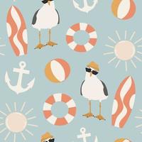 cute cartoon abstract seamless vector pattern background illustration with seagull character, anchor, surfboard, sun and other colorful summertime elements