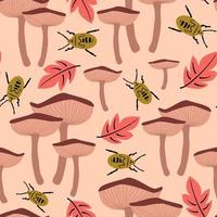 cute abstract autumn fall seamless vector pattern background illustration with brown mushrooms, green insects and leaves