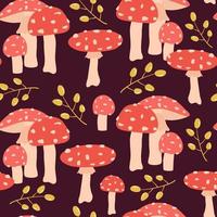 cute abstract autumn fall seamless vector pattern background illustration with red mushrooms and leaves