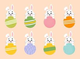 Cute white little rabbit and croquet ball set. Cartoon vector illustration.