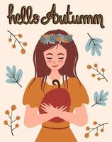 cute cartoon character girl holding pumpkin with leaves crown, hello autumn hand drawing lettering text fall vector background illustration