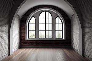 Empty room with arched window and shiplap flooring. Brick wall in loft interior mockup photo