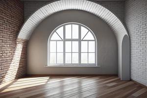 Empty room with arched window and shiplap flooring. Brick wall in loft interior mockup photo
