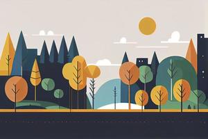 simple minimal geometric flat style - city landscape with buildings, hills and trees photo
