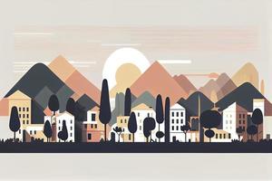 simple minimal geometric flat style - city landscape with buildings, hills and trees photo