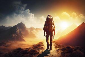 Hiker goes against sky and sun. Hiking concept photo