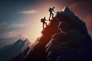 Team work, life goals and self improvement concept. Man helping his female climbing partner up a steep edge of a mountain photo