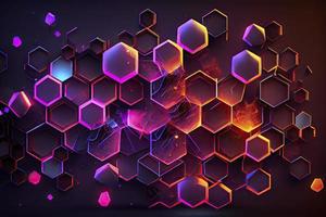 Abstract hexagonal shapes background with neon color elements photo