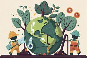 little men prepare for the day of the Earth, save the planet, save energy, the concept of the Earth day vector photo