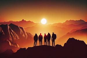 Team success concept photo, friends standing together on the top of the hill, over beautiful mountains landscape in gold sunset light photo