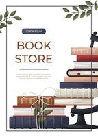 Promo flyer with reading globe, books pile, plant. Book heap. Bookstore, bookshop, library, book lover, bibliophile, education. A4 for poster, banner, flyer, cover vector