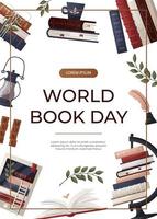 Promo sale flyer with stack of books, globe, inkwell quill, plant, lantern, ebook. World book day. Bookstore, bookshop, library, book lover, bibliophile, education. A4 for poster, banner vector