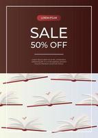 Promo sale flyer with pattern of open huge book with heart. Fantasy, imagination. World book day. Bookstore, bookshop, library, book lover, bibliophile, education. A4 for poster, banner, cover vector