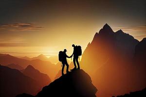 Team work, life goals and self improvement concept. Man helping his female climbing partner up a steep edge of a mountain photo