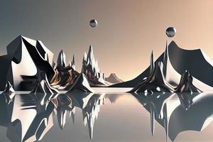 3d render, abstract panoramic background, northern futuristic landscape, fantastic scenery with calm water, geometric glossy chrome shapes photo