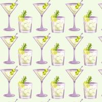 Seamless pattern with Martini , Gin tonic classic cocktail. Italian aperitif cocktails. Alcoholic beverage for drinks bar menu. Beach Holidays, summer vacation, party, cafe bar, recreation. vector