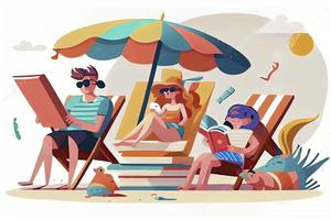 Beach time isolated cartoon vector illustration. Family members sunbathing at the beach photo