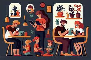 familia utilizando teléfonos inteligentes y tabletas, padres y niños con Los telefonos. social medios de comunicación adiccion foto
