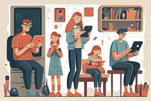 Family using smartphones and tablets, parents and kids with phones. Social media addiction photo