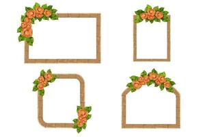 Set Stone Frame with floral elegant decoration, flowers and leaves in cartoon style, border isolated on white background. . Vector illustration