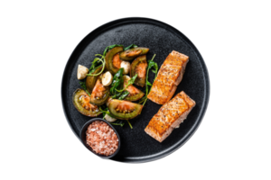 Salmon and salad meal isolated on a transparent background png