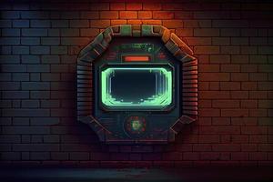 abstract background of sci fi hud ui neon frame on brick wall photo