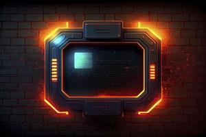 abstract background of sci fi hud ui neon frame on brick wall photo