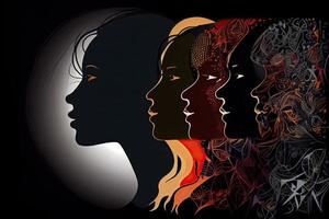 Woman face silhouette in profile with group of multicultural and multiethnic women faces inside photo