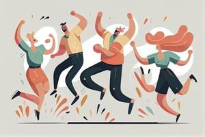 Happy people jumping celebrating victory. Flat cartoon characters illustration photo