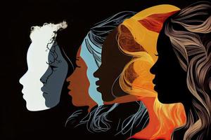 Woman face silhouette in profile with group of multicultural and multiethnic women faces inside photo