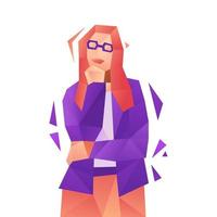 Low poly woman in office suit and glasses standing, vector illustration.