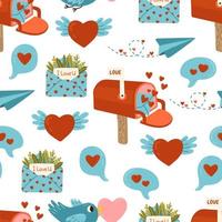 Flying paper airplane, Mailbox, open Envelope, Speech Bubble With Red Hearts flight air trace and hearts. Love message , Valentine's Day vector seamless pattern.
